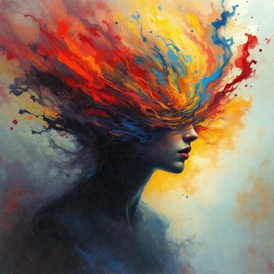 The primary subject of the image is a woman with a colorful, abstract head. The setting is a painting, and the visual style is a mix of digital art and illustration. The colors and mood of the painting are vibrant and lively, with a focus on the woman's unique and artistic appearance.